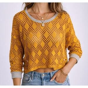 Mustard Yellow Crochet Knit Top – Boho Chic Lightweight Sweater